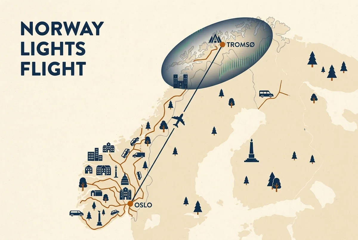 Simple route map showing a flight line from Oslo north to Tromso with the aurora oval zone marked over northern Norway, oslo to tromso northern lights flight route, generic labels only