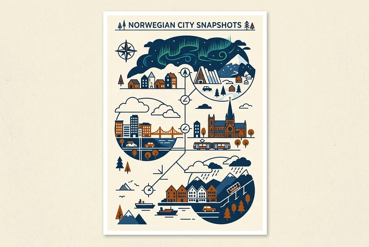 Mapa Norwegii z zaznaczonymi Bergen, Trondheim i Tromso na osi północ-południe oraz strefą owalu zorzy polarnej, porównanie szans na zorzę polarną, ogólne etykiety bez cen