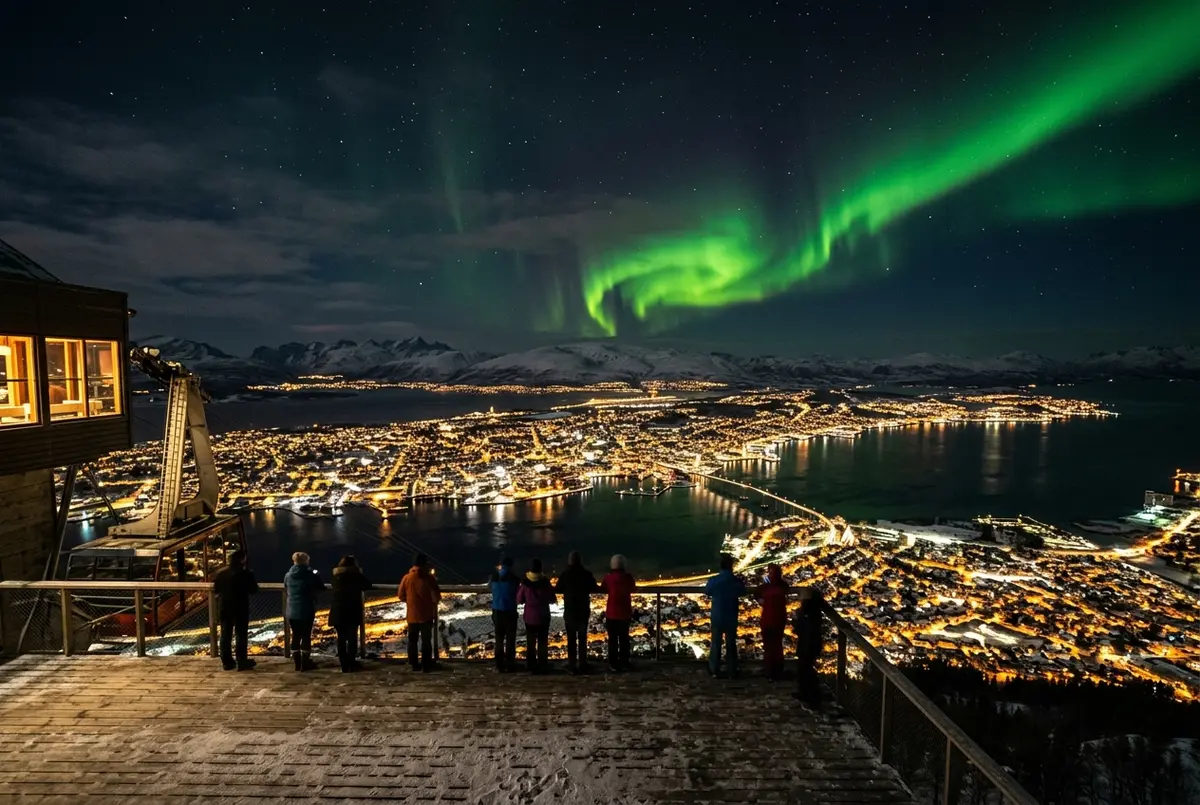 Wide view from the Fjellheisen cable car platform above Tromso at night, city lights below and a green aurora borealis glowing over the dark fjord horizon