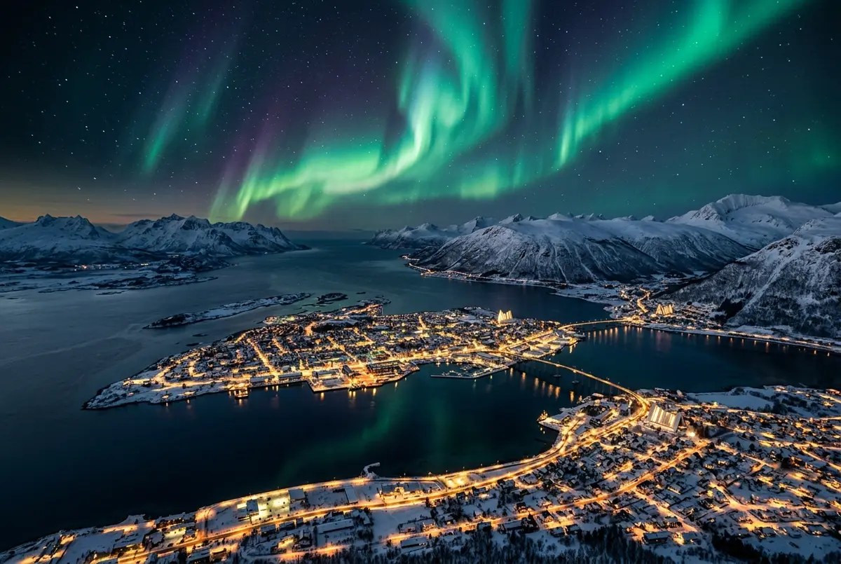 Aerial-style view of the Norwegian coastline at night with a bright aurora borealis over Tromso's harbour, other smaller coastal towns visible faintly along the fjord in the distance