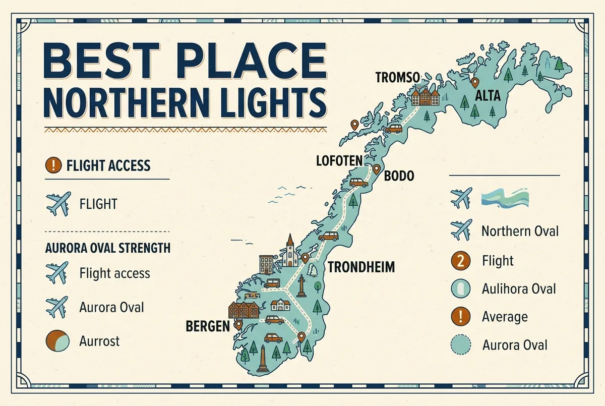 Comparison infographic showing Norwegian cities on a north-south map axis with icons for flight access and aurora oval strength, Tromso, Alta, Lofoten, Bergen, Trondheim and Bodo marked, best place to see northern lights in Norway comparison, generic labels only