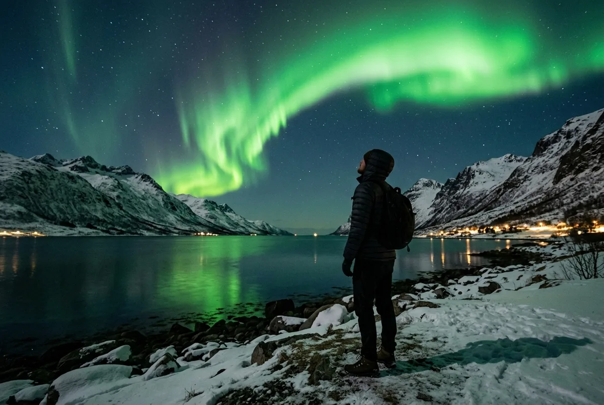 Traveler in a thermal jacket looking up at a vivid green aurora borealis over a snow-covered Tromso fjord at night, best time to see northern lights in Norway scene