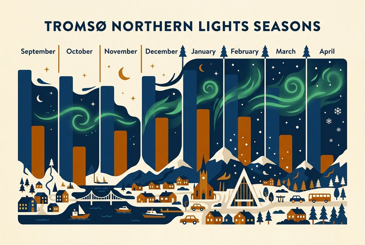 Month-by-month infographic bar chart of Tromso northern lights darkness hours and viewing odds from September through April, best time to see northern lights in Norway seasonal chart