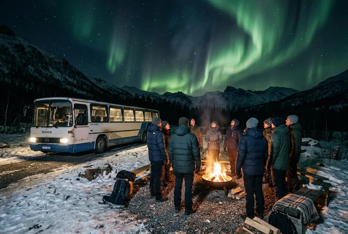 Small budget tour bus parked beside a modest bonfire camp with travelers in provided thermal jackets watching the sky near Tromso, cheap northern lights tour tromso scene