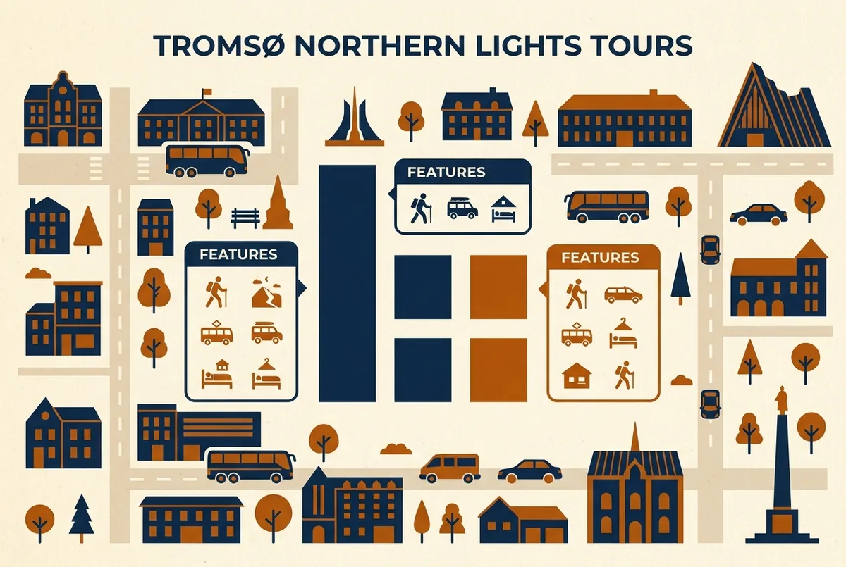 Simple price comparison bar chart icon showing three tour tiers by price with matching feature labels beside each bar, budget aurora borealis tour tromso concept, generic labels only