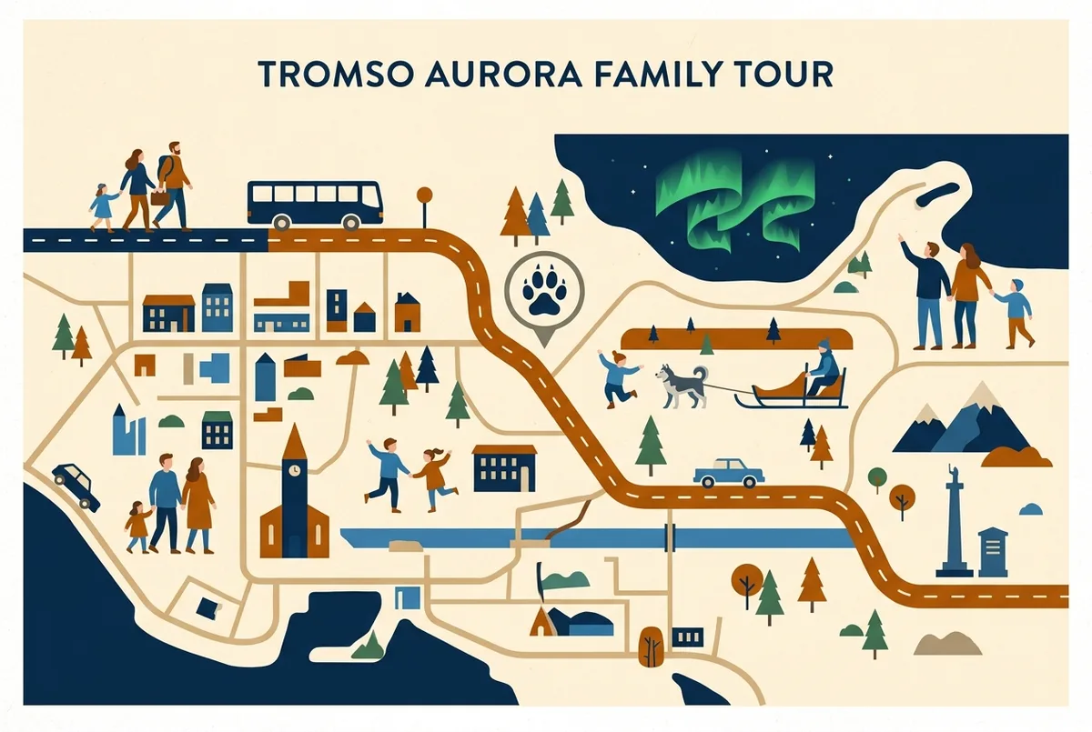 Simple itinerary infographic showing a bus icon, a husky paw print icon and a green aurora icon in sequence along a timeline, family aurora tour tromso itinerary concept, generic labels only