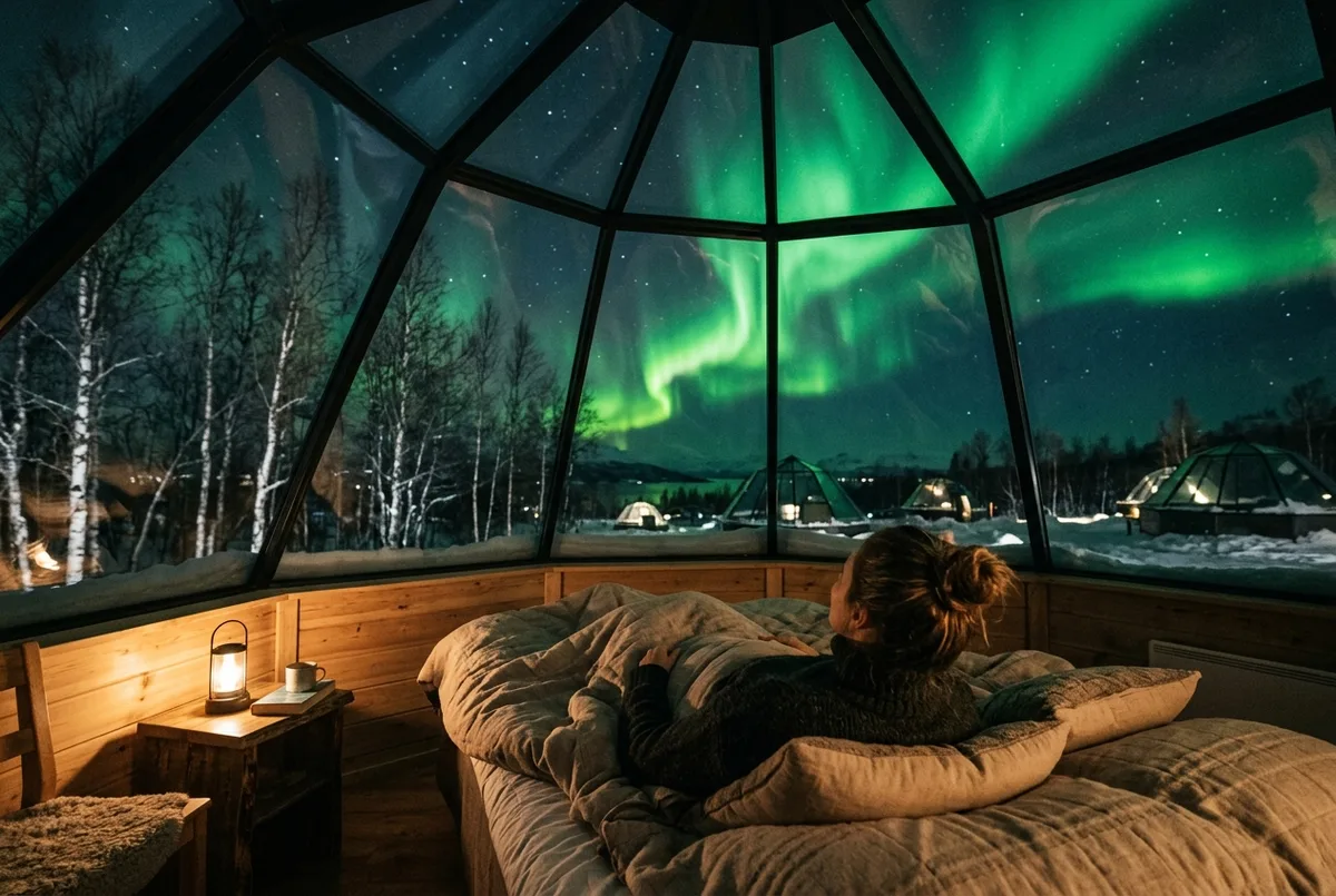 Reisendes Paar liegt unter dicken Decken in einem beleuchteten Glas-Iglu bei Tromsø und blickt durch das durchsichtige Dach auf ein grünes Polarlicht, iglu hotel nordlichter tromso Szene