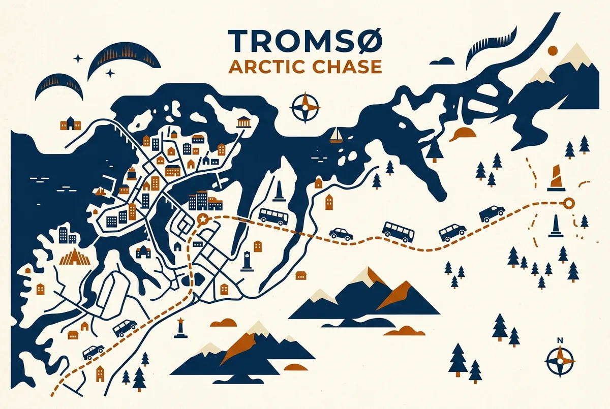 Simple map illustration showing Tromso's location in Arctic Norway with a chase route extending toward the Finnish border