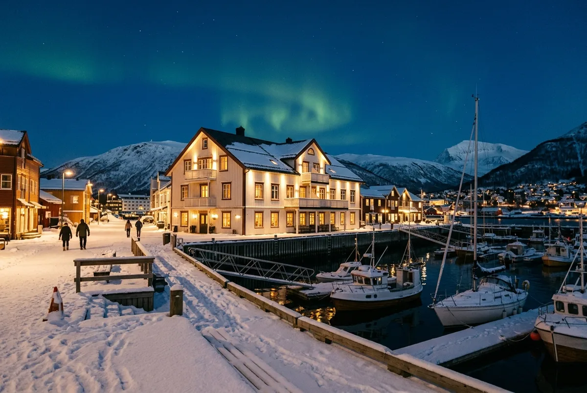 Harbourfront hotel exterior in Tromso lit up at dusk with snow on the ground and a faint aurora glow in the sky above, hotel aurora tromso harbour location