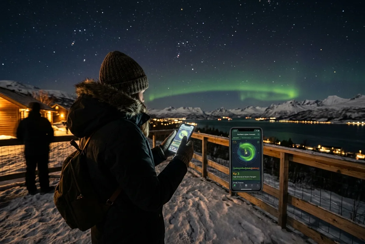 Reisender prüft eine Polarlicht-Vorhersage-App auf dem Handy vor dunklem, sternenklarem Himmel über Tromsø mit einem schwachen grünen Schimmer am Horizont