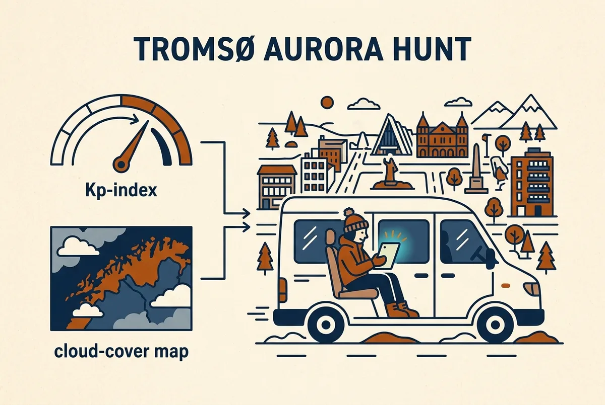 illustrated map of Tromso highlights for Norrskenprognos för Tromsö Ikväll, norrsken tromsö prognos