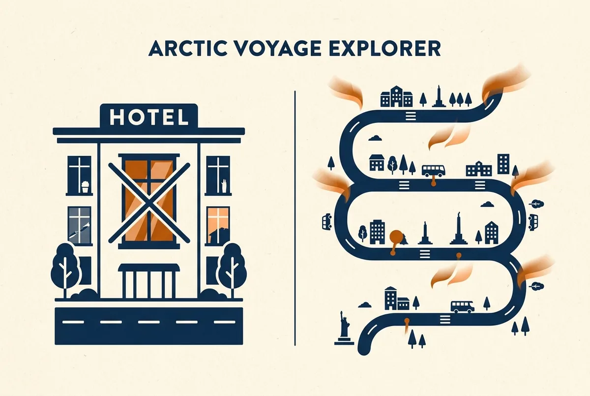 Simple comparison infographic showing a fixed hotel-window icon crossed out beside a route-map icon with multiple aurora sighting markers along it, is a northern lights tour worth it concept, generic labels only