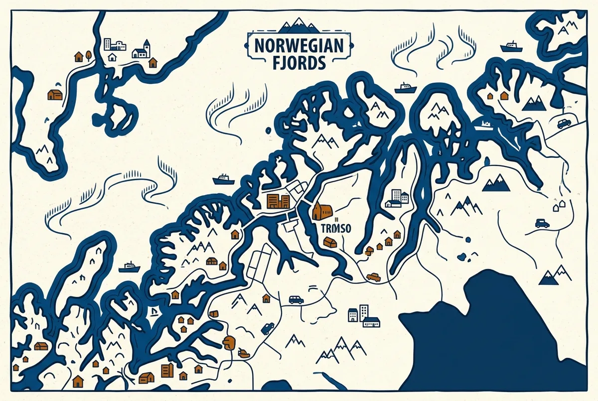 Mappa illustrata della costa norvegese settentrionale con i fiordi intorno a Tromso e le isole Lofoten evidenziati, icone che segnano punti di osservazione dell aurora boreale, confronto scenico tra le due aree, solo etichette generiche