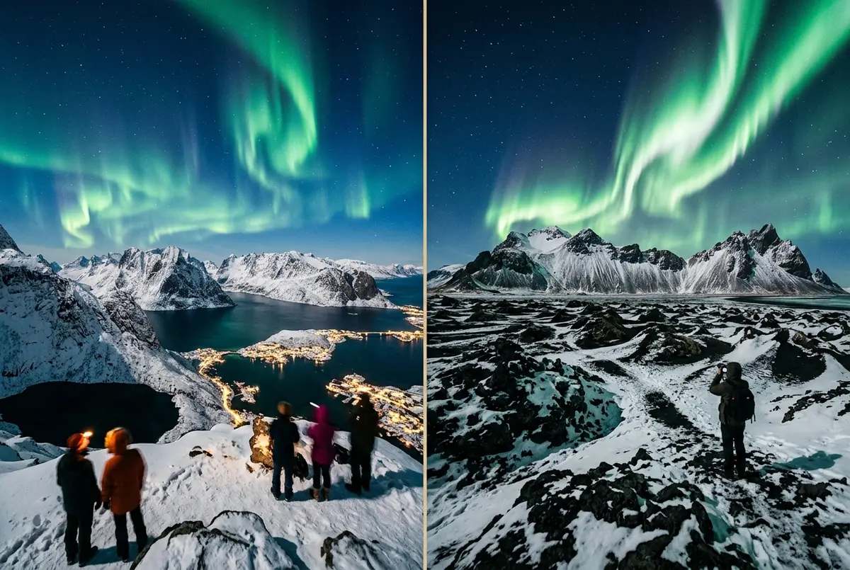 Rozgwieżdżone nocne niebo z zieloną zorzą polarną nad kontrastowym pejzażem, po jednej stronie islandzkie pole lawy, po drugiej norweski fiord w okolicach Tromso, zorza polarna Islandia czy Norwegia porównanie