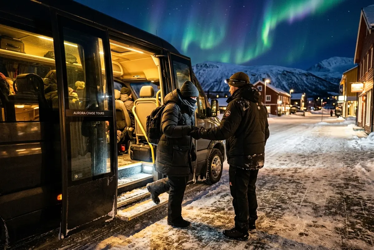 Guide helping a bundled traveler board a heated aurora tour minibus on a snowy Tromso street at night, northern lights tour safety tips scene