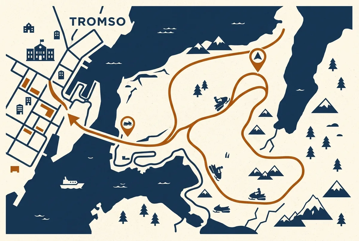 Simple route map showing a snowmobile trail icon looping across a fjord plateau outside Tromso with a viewpoint marker and a returning arrow to the city, snowmobile tromso safari route concept, generic labels only