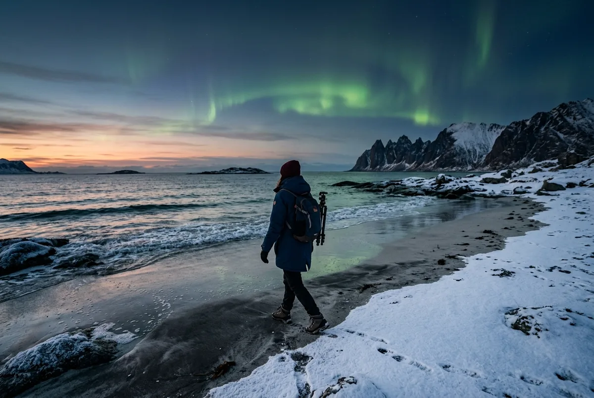 Traveler walking along a snow-dusted white-sand beach on Sommaroy island near Tromso at dusk with a faint green aurora borealis appearing over the water, sommaroy northern lights scene