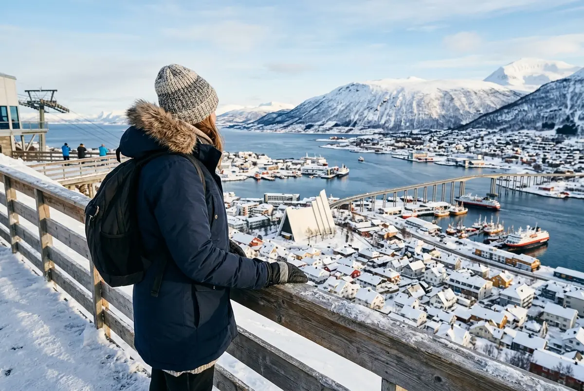 Traveler bundled in a winter coat looking out over snowy Tromso rooftops and the harbour from the Fjellheisen cable car viewpoint at midday, tromso what to see winter scene