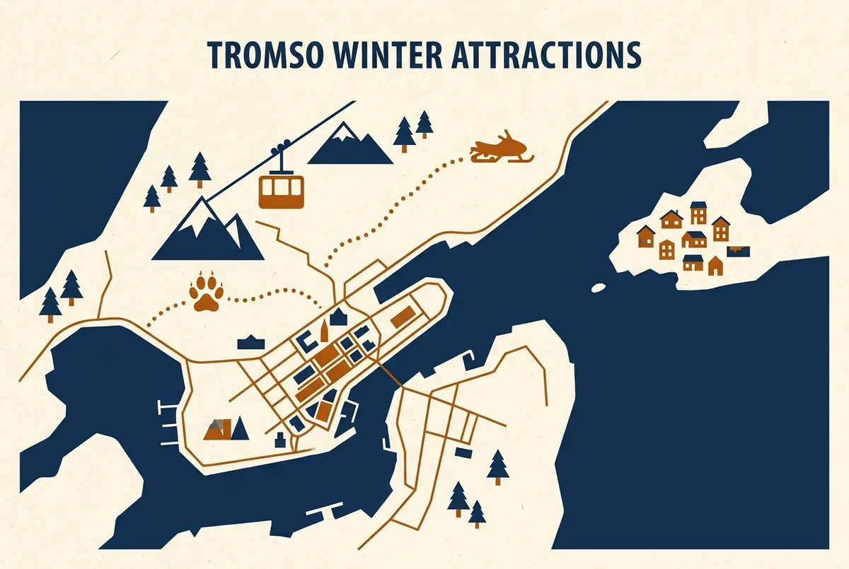 Simple map graphic showing Tromso city centre, the Fjellheisen cable car, a snowmobile route icon, a husky paw icon and Sommaroy marked around the fjord, tromso what to see winter attractions overview, generic labels only