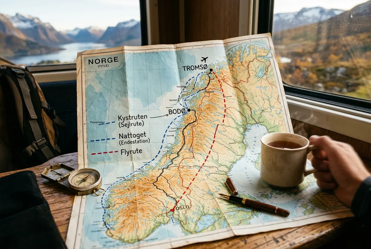 Kaart van Noord-Noorwegen met drie gekleurde routelijnen, een vliegroute, een treinroute tot Bodo en een kustcruiseroute, allemaal eindigend bij of nabij Tromso, generieke routelabels, vervoer noorwegen noorderlicht routevergelijking