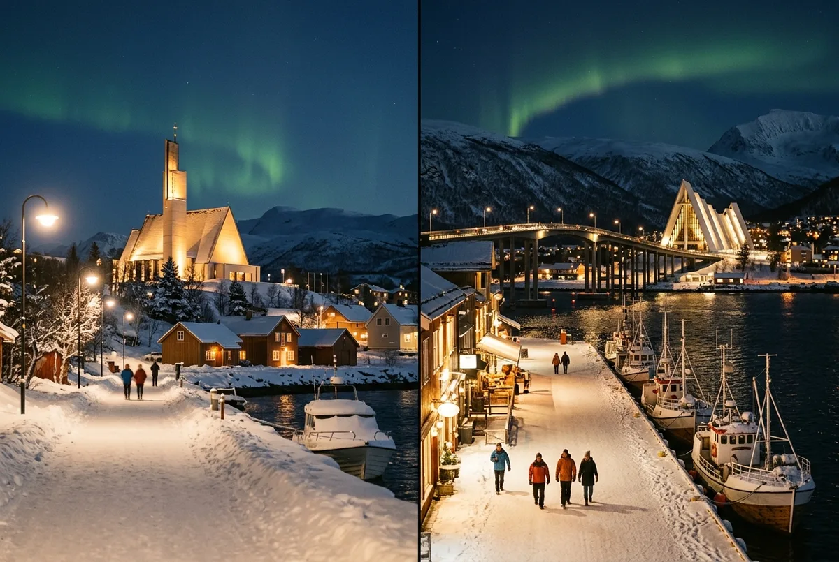 Split night scene comparing Alta's Northern Lights Cathedral silhouette under an aurora on one side and Tromso's harbourfront with tour buses on the other