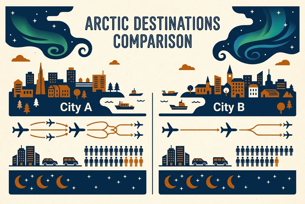 Simple side-by-side icon comparison of Tromso and Alta showing flight connections, tour operator counts and typical clear-sky nights per month for each city, alta northern lights versus Tromso comparison, generic labels only