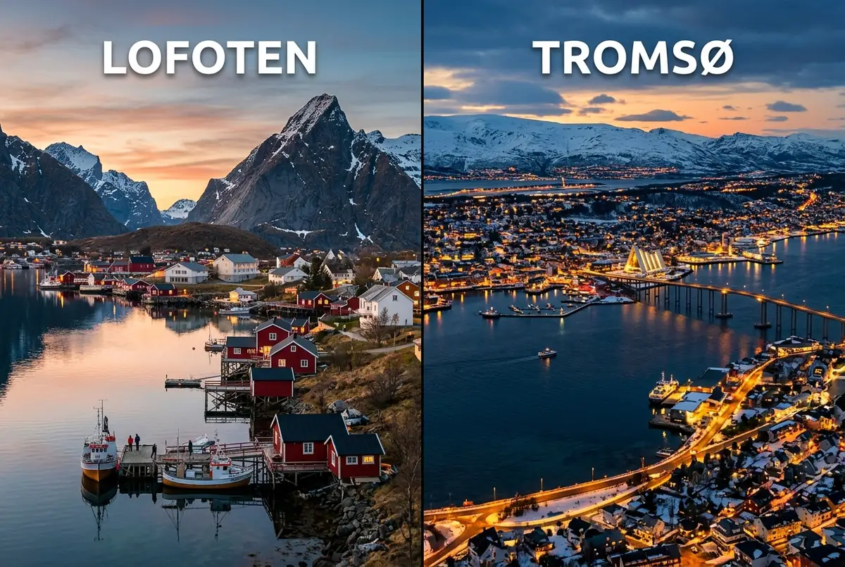Split dusk scene comparing Lofoten's jagged peaks rising straight out of a fjord under a green aurora on one side and Tromso's harbourfront with a tour bus loading passengers on the other, lofoten norway northern lights comparison