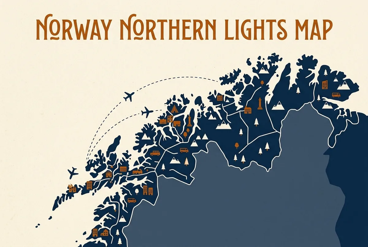 Simple map of northern Norway showing Tromso and the Lofoten islands with icons marking flight routes, mountain peaks and tour operator density for each, lofoten norway northern lights map comparison, generic labels only