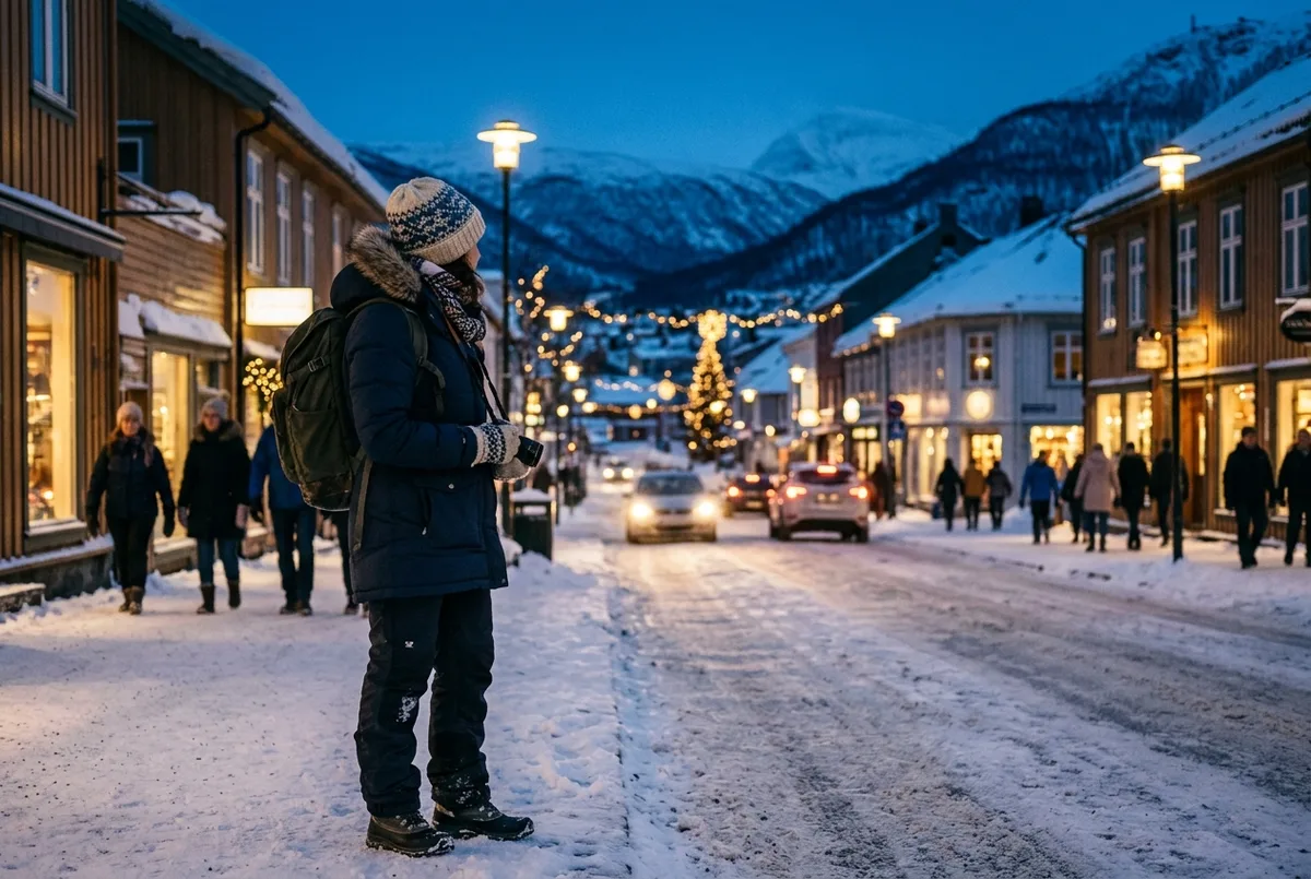 Bevroren fjord bij Tromso in volle poolnacht met sterrenhemel en een groene aurora, een thermometer op de voorgrond die -12 graden aangeeft, weer tromso noorderlicht wintersfeer