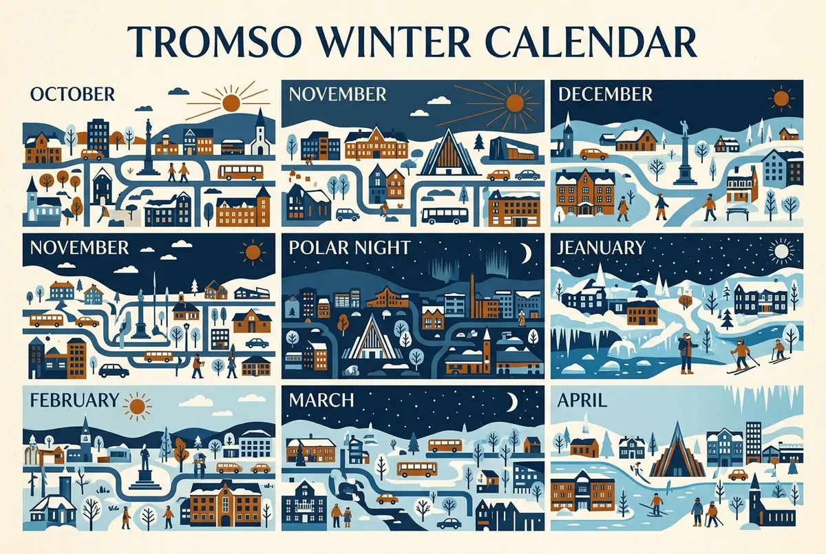 Vergelijkende infographic met twee panelen: een donkere winterhemel boven Tromso in december en een lichte, nooit volledig donkere zomerhemel in juni, met generieke labels voor daglichturen, weer tromso noorderlicht seizoensvergelijking