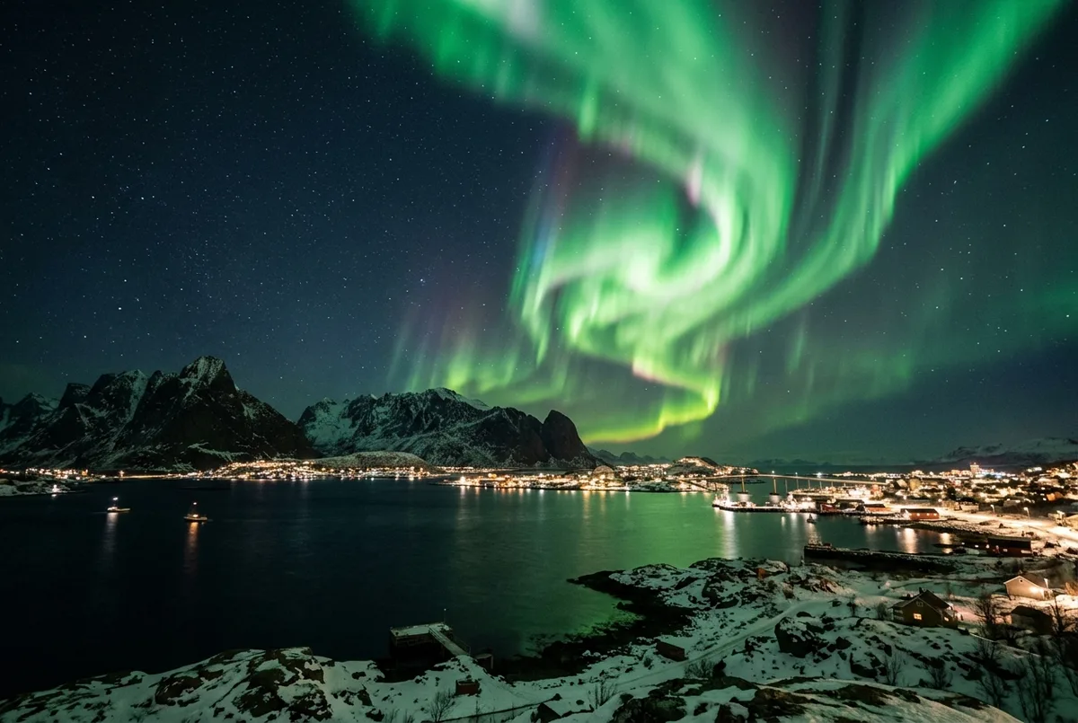 Wide night sky over Tromso with a bright green aurora borealis curtain rippling above dark mountains and a fjord, norway night sky scene