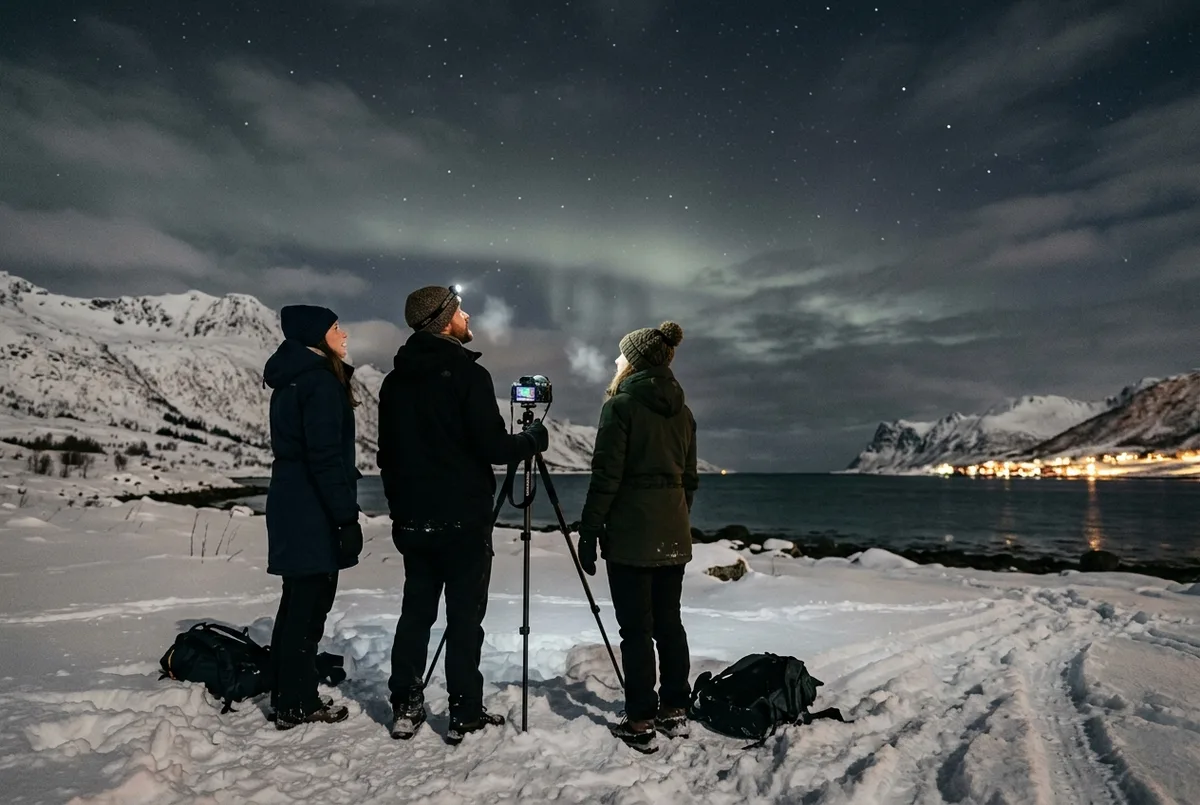Small group standing on snow near Tromso looking up at a pale grey-green aurora glow rippling faintly overhead, naked-eye view contrasted with a vivid camera capture, what northern lights look like scene