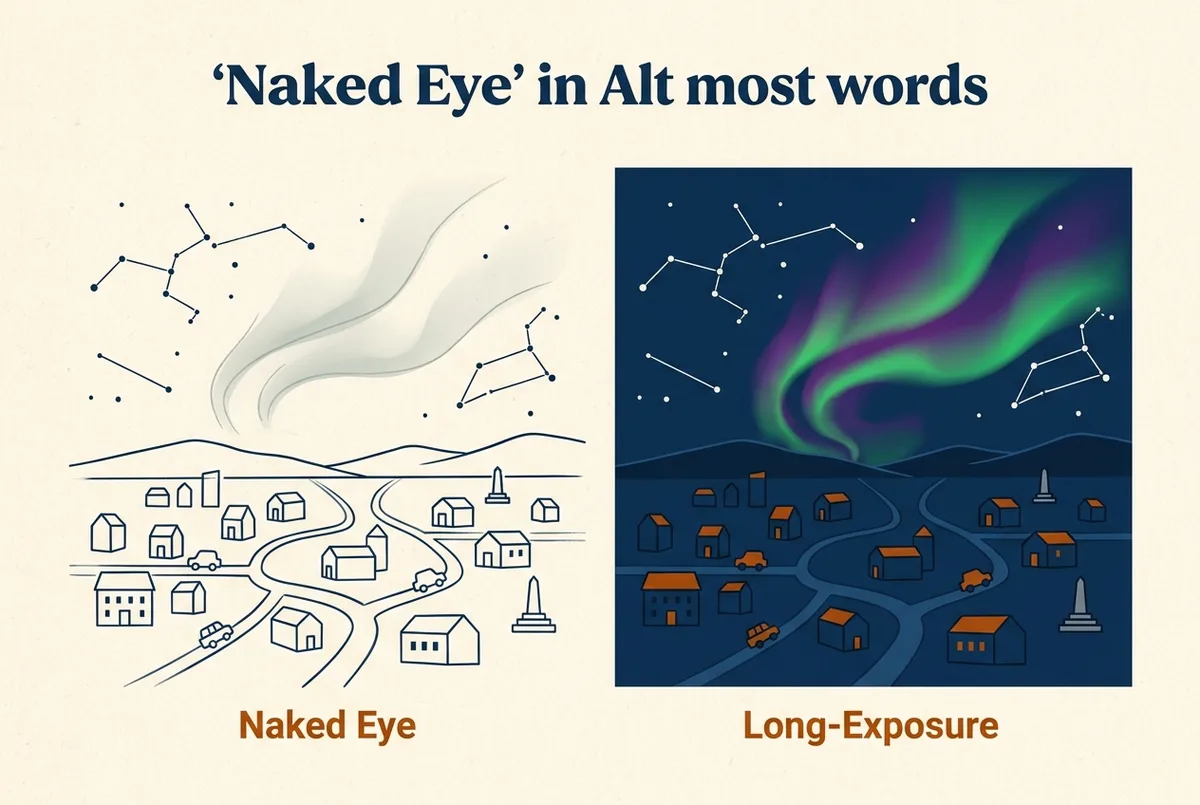 Simple side-by-side comparison graphic showing a pale grey-green naked-eye aurora sketch beside a vivid green and purple long-exposure photo of the same sky, aurora borealis photos vs real life concept, generic labels only