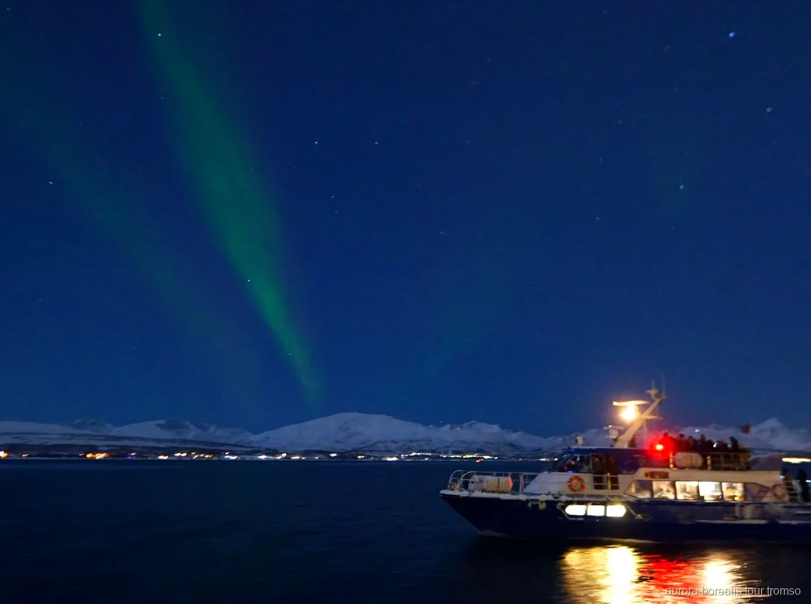 Nordlys over fjorden set fra Tromsøs nordlyskrydstogtbåd