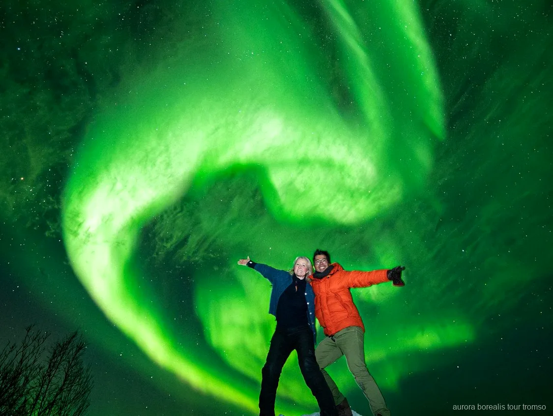 Family-run minibus tour group watching the aurora borealis near Tromso