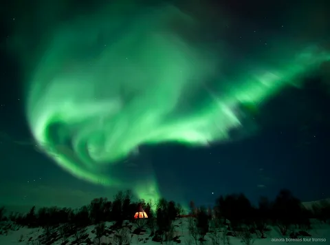Traditional lavvo used at the Tromso husky camp Northern Lights tour